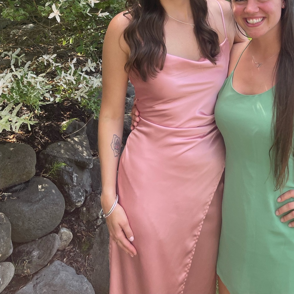 Pink satin midi length dress